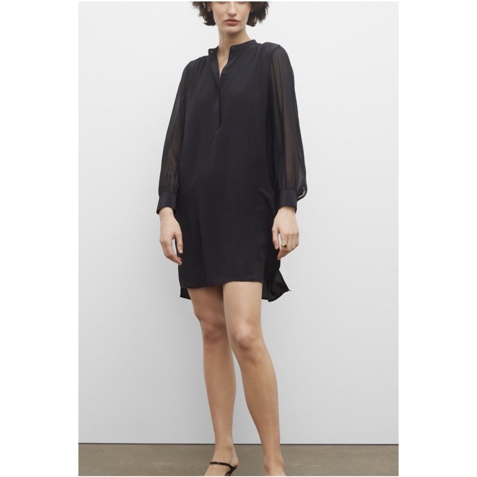 Club Monaco Long-Sleeve Shift Dress Silk Sheer Sleeves Black Size 0 Belted